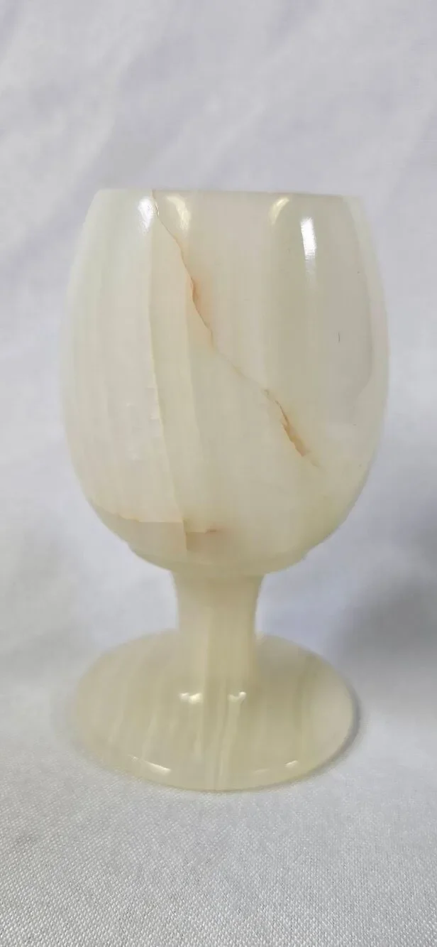 Vintage Hand-Carved Onyx Stone Goblet Chalice | Cream & Brown Marbled Wine Glass